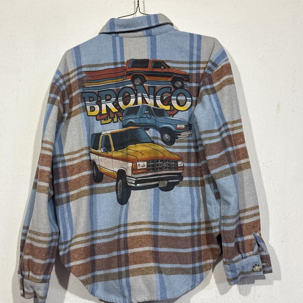 Ford Bronco Flannel Shirt Small Womens Blue Plaid Button Up Shacket Official
